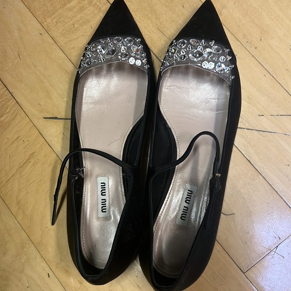 Miu Miu Black Satin Crystal Embellished Ankle Strap Pointed Toe Ballet Flats 40 - Picture 13 of 16